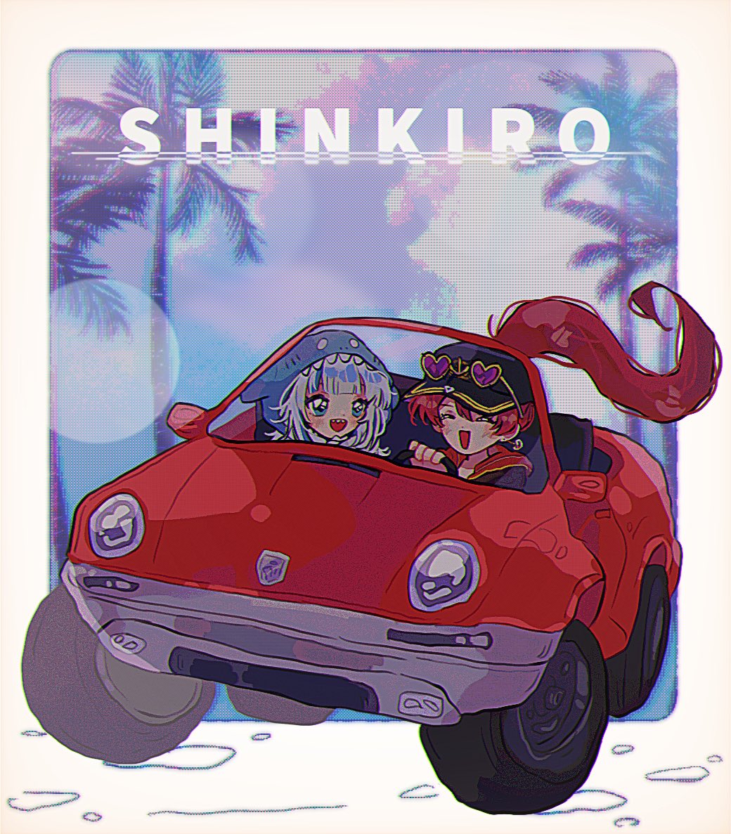 2girls :d animal_hood baseball_cap black_headwear blue_eyes blue_hair blush car driving earrings english_text eyewear_on_head floating_hair gawr_gura gawr_gura_(1st_costume) hat heart heart-shaped_eyewear heart_earrings hololive hololive_english hood houshou_marine houshou_marine_(summer) jewelry long_hair motor_vehicle multiple_girls official_alternate_costume onisan611 palm_tree ponytail red_hair retro_artstyle shark_hood sharp_teeth shinkiro_(hololive) smile teeth tree virtual_youtuber