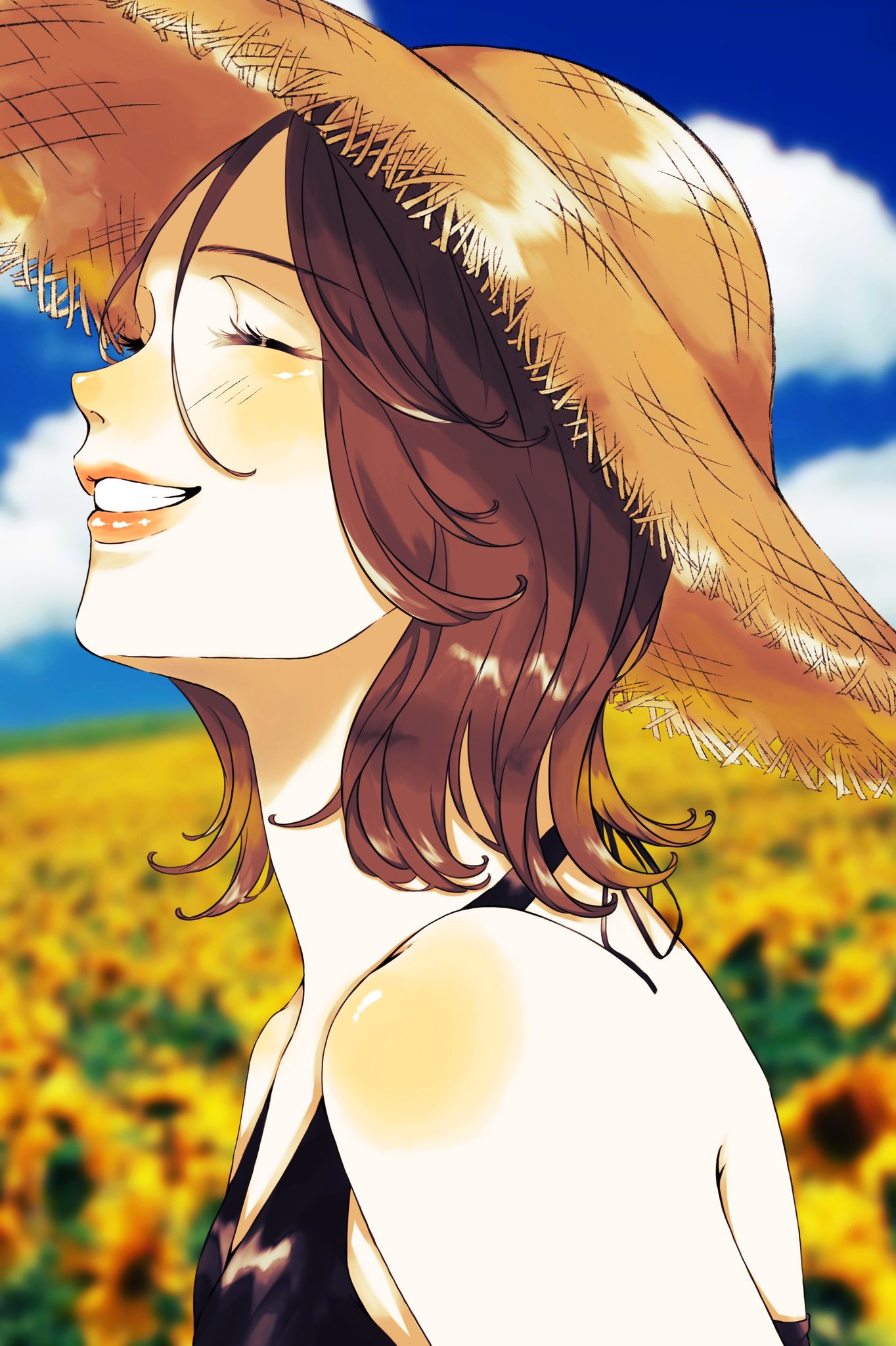 1girl bare_shoulders black_shirt blush brown_hair closed_eyes cloud commentary day facing_away field flower flower_field from_side halterneck hat highres nose_blush open_mouth original outdoors shim_46 shirt short_hair shoulder_blush simple_background sky smile solo straw_hat sun_hat sunflower sunflower_field teeth upper_body yellow_flower