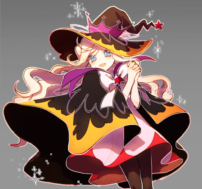 1girl black_cape black_leggings blue_eyes buchu14569590 cape cookie_run cream_puff_cookie dress grey_background hat humanization interlocked_fingers leggings long_hair looking_at_viewer official_alternate_costume open_mouth orange_trim own_hands_clasped own_hands_together ribbon smile solo wavy_hair white_hair white_ribbon witch_hat