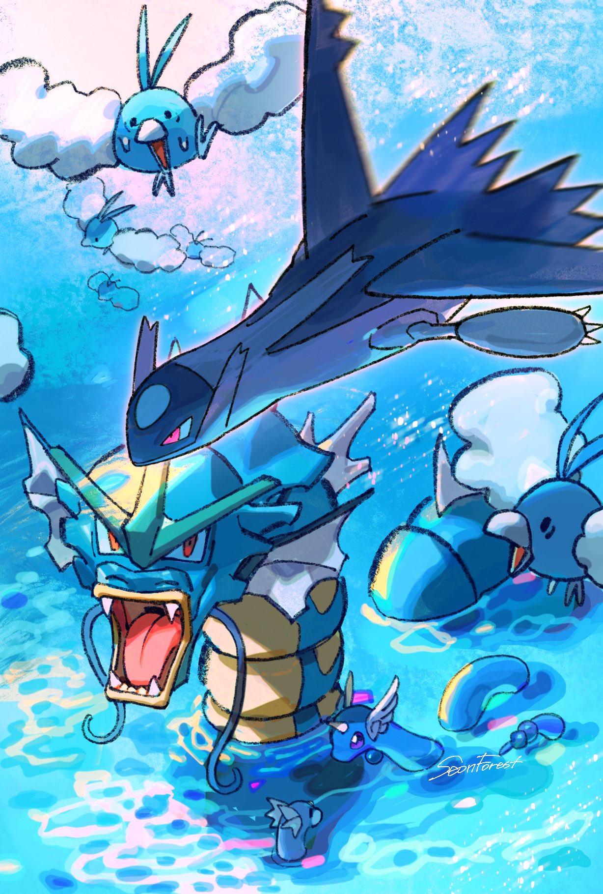 animal_focus bird_tail blue_skin blue_theme bright_pupils claws cloud colored_skin commentary_request dragonair dratini fins flying gyarados head_fins head_wings highres horns korean_commentary latias no_humans open_mouth outdoors pokemon pokemon_(creature) red_eyes seonforest sharp_teeth single_horn solid_oval_eyes swablu sweat tail teeth water white_pupils wings