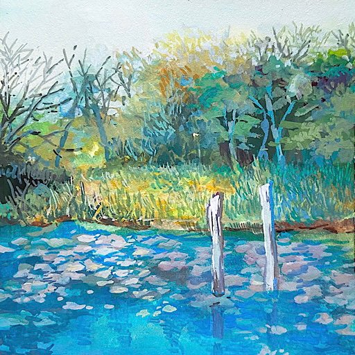 autumn_leaves bare_tree bush fence_post mimoth no_humans original painting_(medium) pond reflection reflective_water scenery traditional_media tree water