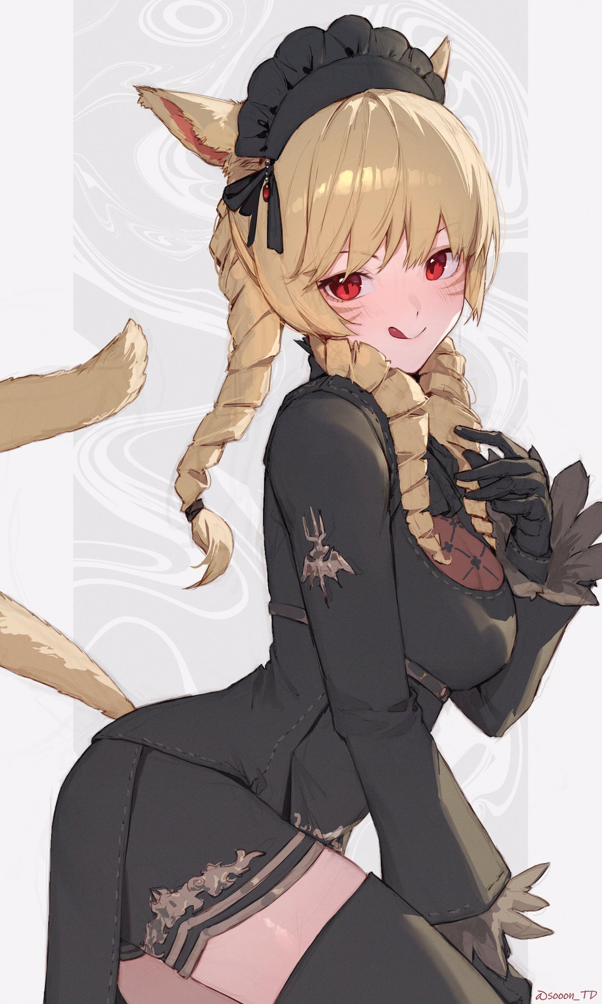 1girl :p animal_ears black_gloves black_headdress black_shorts black_thighhighs blonde_hair breasts cat_ears cat_tail drill_hair facial_mark feather-trimmed_sleeves final_fantasy final_fantasy_xiv from_side gloves highres long_hair looking_at_viewer medium_breasts miqo'te quad_drills red_eyes shorts solo sooon tail thighhighs tongue tongue_out warrior_of_light_(ff14) whisker_markings