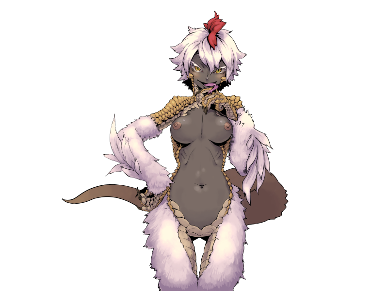 1girl animal_hands basilin_(mon-musu_quest!) basilisk_girl blush bmp-to-png_conversion breasts claws dark-skinned_female dark_skin feathers hair_between_eyes harpy kanemaki_thomas lizard_tail long_tongue looking_at_viewer mon-musu_quest! monster_girl multicolored_hair navel nipples non-web_source open_mouth red_hair scales small_breasts solo tail tongue tongue_out transparent_background two-tone_hair white_feathers white_hair yellow_eyes