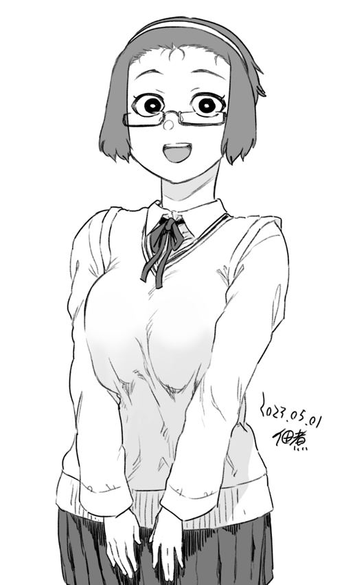 1girl :d dated glasses greyscale hairband long_sleeves looking_at_viewer monochrome school_uniform short_hair skirt smile solo tsukudani_(coke-buta)