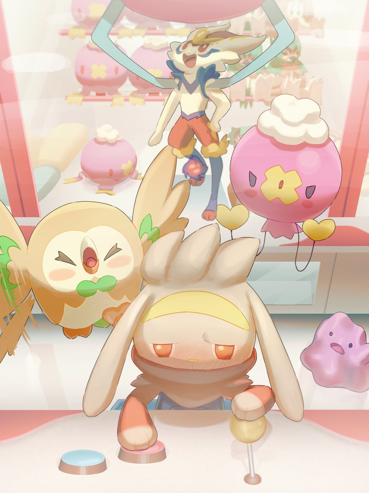 bird black_eyes blush blush_stickers brown_eyes character_doll cinderace closed_eyes commentary_request controller crane_game ditto drifblim drifloon highres joystick mokukitusui no_humans open_mouth pokemon pokemon_(creature) raboot rowlet tongue