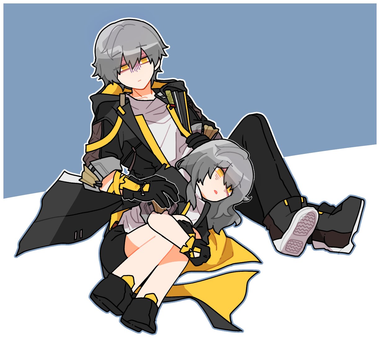 1boy 1girl bags_under_eyes black_footwear black_gloves black_jacket black_pants black_skirt caelus_(honkai:_star_rail) comforting commentary crossed_legs deformed fetal_position gloves grey_hair hand_on_another's_arm help42a honkai:_star_rail honkai_(series) hugging_own_legs jacket lap_pillow long_hair lying on_floor on_side pants shaded_face shirt short_hair simple_background skirt stelle_(honkai:_star_rail) trailblazer_(honkai:_star_rail) two-tone_background white_shirt yellow_eyes