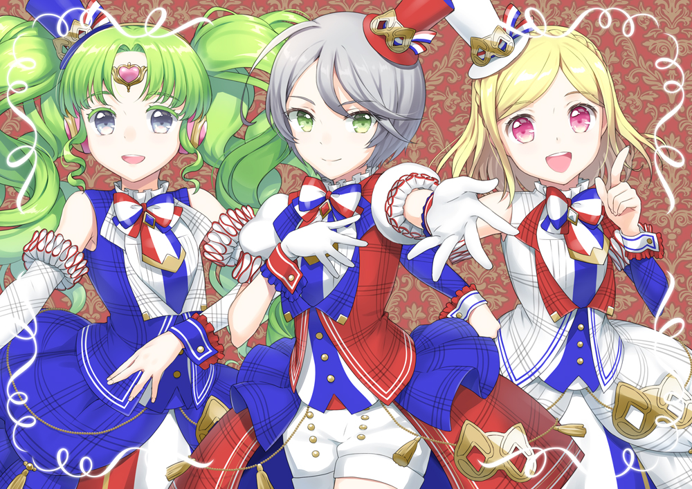 3girls :d bare_shoulders blonde_hair blue_hat blue_jacket blue_skirt braid closed_mouth collared_shirt colored_eyelashes commentary_request cowboy_shot crown_braid detached_sleeves falulu falulu_(awakened) forehead_jewel gloves green_eyes green_hair grey_eyes grey_hair hair_between_eyes hand_on_own_chest hand_on_own_hip hands_up hat headphones idol_clothes index_finger_raised jacket long_hair looking_at_viewer midorikaze_fuwari mini_hat mini_top_hat multiple_girls open_mouth outstretched_arm parted_bangs pink_eyes pretty_series pripara reaching reaching_towards_viewer red_hat shikyoin_hibiki shirt short_hair shorts sidelocks skirt smile standing swept_bangs top_hat twintails unya_(unya-unya) very_long_hair white_gloves white_hat white_shirt white_shorts