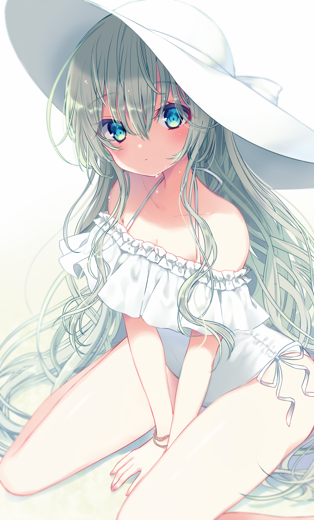 1girl beach between_legs blonde_hair blue_eyes blush bow bracelet breasts cleavage closed_mouth collarbone commentary curly_hair dripping foot_out_of_frame frilled_one-piece_swimsuit frills gradient_background gradient_eyes green_eyes hair_between_eyes hair_over_breasts hair_over_eyes hair_over_shoulder hand_between_legs hat hat_bow highres jewelry kida_mochi knot long_hair looking_at_viewer multicolored_eyes one-piece_swimsuit original sand shadow sitting small_breasts solo string_tie sun_hat sunlight swimsuit very_long_hair wariza wet white_hat white_one-piece_swimsuit