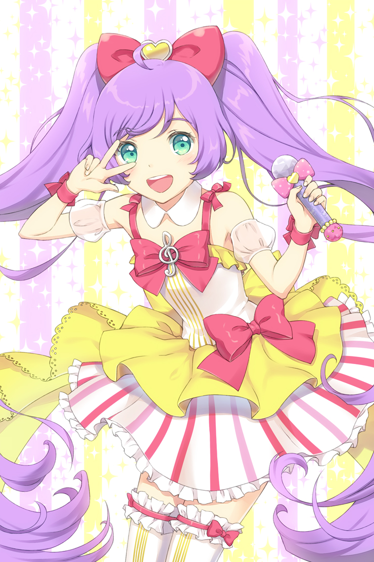 1girl :d ahoge bow commentary_request detached_collar detached_sleeves dress green_eyes hair_bow hands_up holding holding_microphone idol_clothes kashikoma! long_hair looking_at_viewer manaka_laala microphone multicolored_clothes multicolored_dress open_mouth pink_bow pretty_series pripara puffy_detached_sleeves puffy_sleeves purple_hair sleeveless sleeveless_dress smile solo sparkle_background standing striped_background thighhighs treble_clef twintails unya_(unya-unya) v v_over_eye very_long_hair white_thighhighs