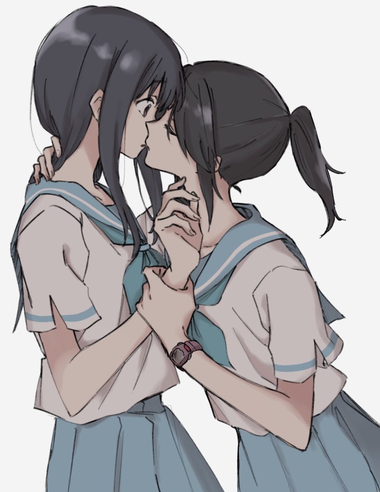 2girls black_hair blue_neckerchief blue_sailor_collar blue_skirt closed_eyes commentary cowboy_shot face-to-face from_side hibike!_euphonium holding_another's_wrist imminent_kiss kasaki_nozomi kitauji_high_school_uniform liz_to_aoi_tori long_hair looking_at_another multiple_girls neckerchief pleated_skirt ponytail profile sailor_collar school_uniform serafuku shirt short_ponytail short_sleeves sidelocks simple_background skirt standing syonosuke9573 watch white_background white_shirt wristwatch yoroizuka_mizore yuri