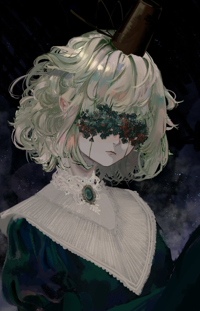 1girl closed_mouth commentary covered_eyes dress expressionless facing_viewer flower_over_eyes green_brooch green_dress green_flower green_hair hat hatsburg pointy_ears soga_no_tojiko solo tate_eboshi touhou upper_body