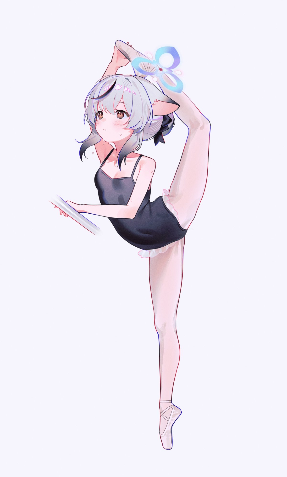 1girl athletic_leotard ballerina ballet ballet_slippers black_leotard blue_archive blush breasts brown_eyes covered_navel flexible full_body fymrie grey_background grey_hair hair_bun halo highres holding_leg kneepits kokona_(blue_archive) leg_hold leg_lift leg_up legs leotard long_hair multicolored_hair pantyhose pink_footwear simple_background small_breasts solo split standing standing_on_one_leg standing_split streaked_hair thighs tiptoes white_pantyhose