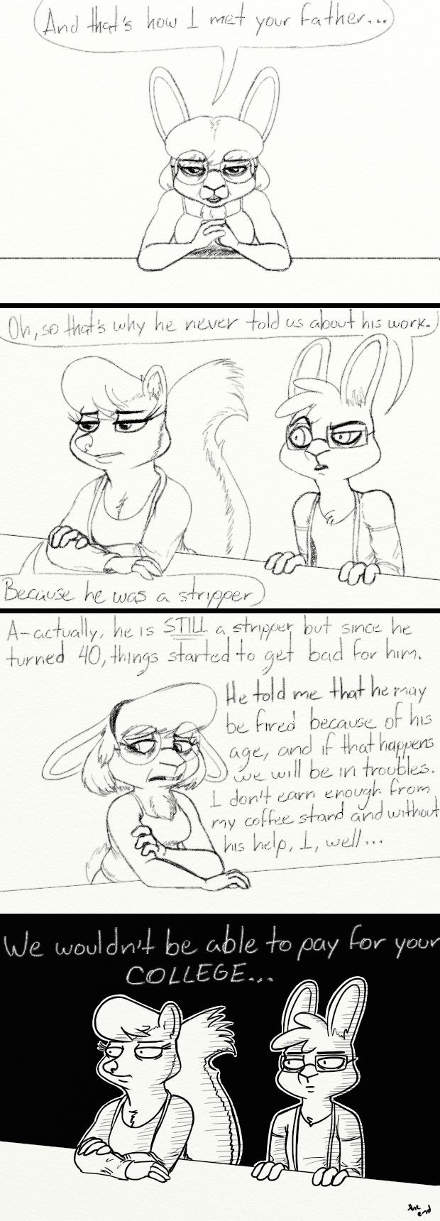 2017 age_difference anthro chest_tuft clothed clothing comic dialogue disney english_text eyewear fan_character female glasses jonsthaman lagomorph male mammal mature mature_female maxine_d'lapin pain rabbit sibling simple_background sister skunk text tuft young zootopia