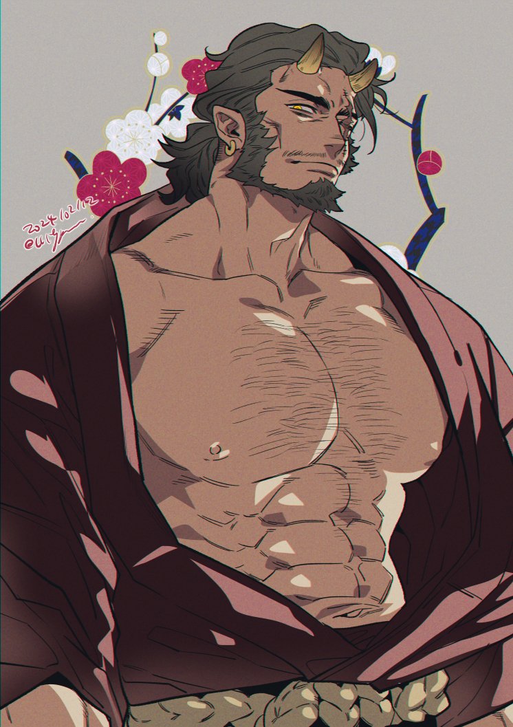 1boy abs bad_id bad_twitter_id bara bare_pectorals beard dark-skinned_male dark_skin facial_hair floral_background full_beard huge_pectorals japanese_clothes kimono looking_at_viewer mature_male medium_hair monster_boy muscular muscular_male navel nipples oni open_clothes open_kimono original pectorals pointy_ears seductive_smile small_horns smile solo sparse_chest_hair stomach textless_version thick_beard thick_eyebrows translation_request yan_(bltyann)