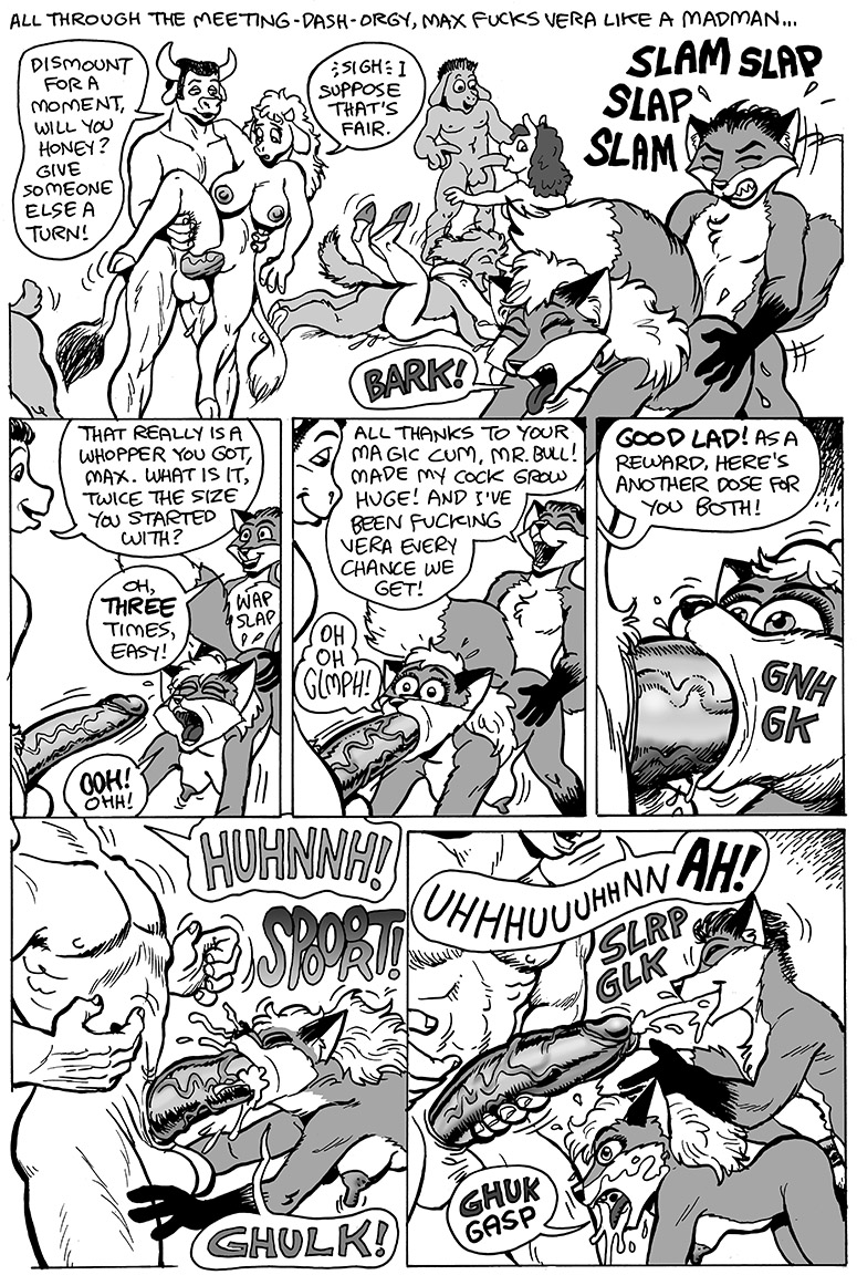 anthro areola balls big_breasts big_penis black_and_white black_hair bovine breasts canine comic cum cum_in_mouth cum_inside dog donkey english_text equine erection eyes_closed female fox group group_sex hair karno male male/female mammal monochrome nipples open_mouth oral orgy penis pussy sex speech_bubble teeth text tongue tongue_out