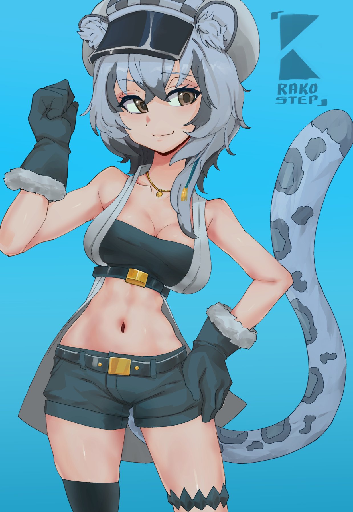 animal_ears arknights checkered_clothes checkered_headwear cliffheart_(arknights) highres leopard_ears leopard_tail rakostep snow_leopard_ears snow_leopard_girl snow_leopard_tail tail