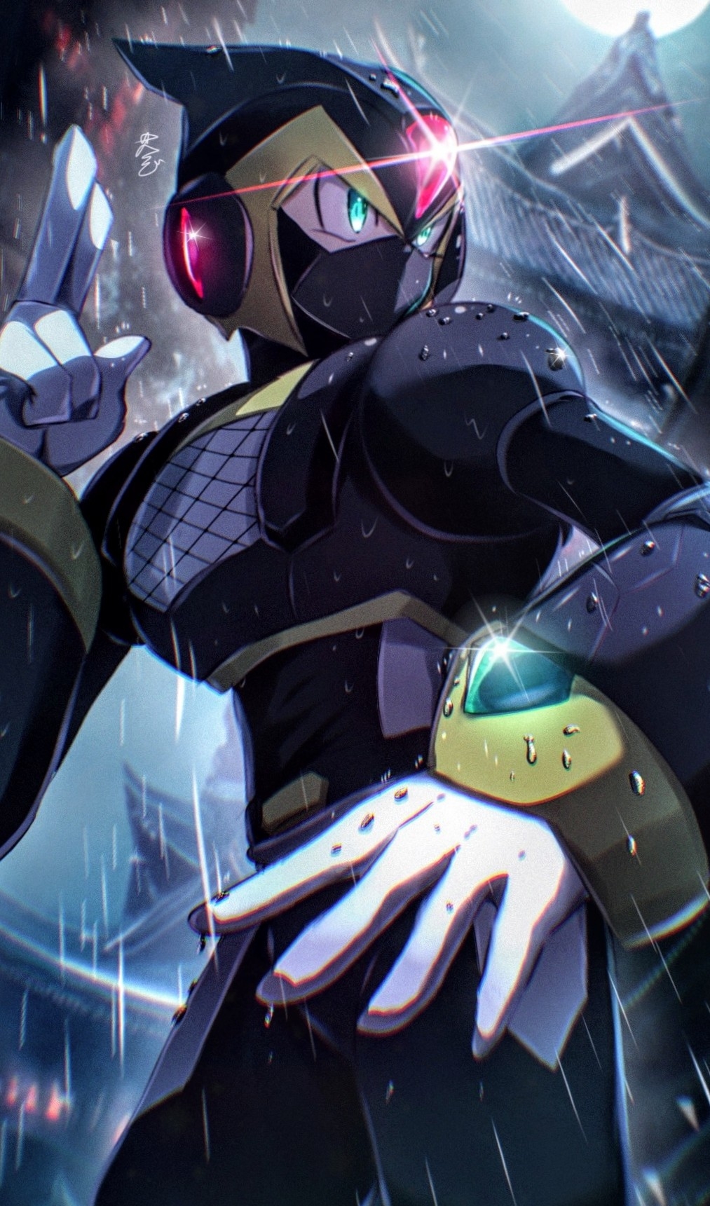 1boy architecture armor black_armor black_helmet cang_she castle cowboy_shot east_asian_architecture forehead_jewel full_moon glint green_eyes highres kuji-in mask mega_man_(series) mega_man_x_(series) moon mouth_mask ninja rain shadow_armor_x_(mega_man) solo x_(mega_man)