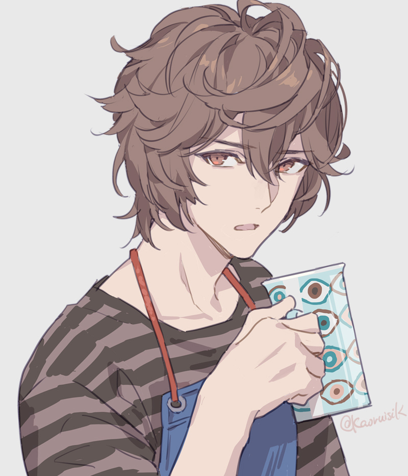 1boy ahoge alternate_costume apron artist_name bishounen brown_hair coffee_mug commentary_request cup granblue_fantasy grey_background hair_between_eyes holding holding_cup horizontal-striped_clothes looking_up male_focus messy_hair mug open_mouth parted_lips pota_(bluegutty) red_eyes sandalphon_(granblue_fantasy) sandalphon_(server_of_a_sublime_brew)_(granblue_fantasy) signature simple_background solo twitter_username