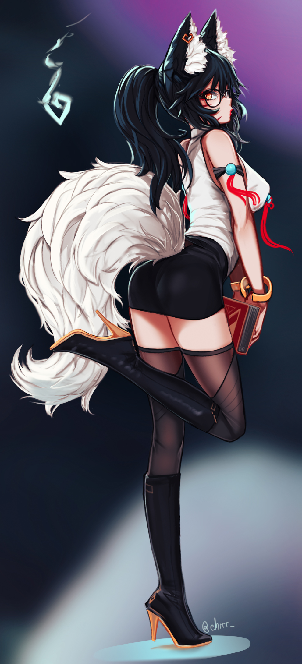 2022 ahri_(lol) animal_humanoid black_clothing black_hair black_knee_boots black_legwear black_thigh_highs book boots bottomwear bracelet breasts canid canid_humanoid canine canine_humanoid clothing ear_piercing ehrrr eyewear female fluffy fluffy_tail footwear fox_ears fox_humanoid fox_tail glasses hair hi_res high_heeled_boots high_heels humanoid jewelry league_of_legends legwear lipstick looking_at_viewer looking_back looking_back_at_viewer makeup mammal mammal_humanoid markings medium_breasts office_lady pencil_skirt piercing ponytail pose raised_leg red_lipstick riot_games skirt solo tail thigh_highs topwear wearing_glasses whisker_markings white_clothing white_tail white_topwear yellow_eyes