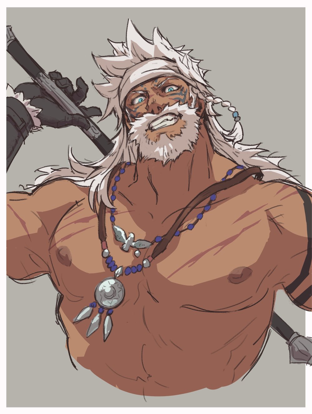 1boy bara braid cropped_torso dark-skinned_male dark_skin facial_mark final_fantasy final_fantasy_xiv grin headband highres hyur jewelry large_pectorals long_hair lyon_rem_helsos male_focus mature_male muscular muscular_male necklace old old_man pectorals scar scar_on_face scar_on_nose shiba156_ff14 side_braid smile tooth_necklace tribal unfinished white_hair white_headband