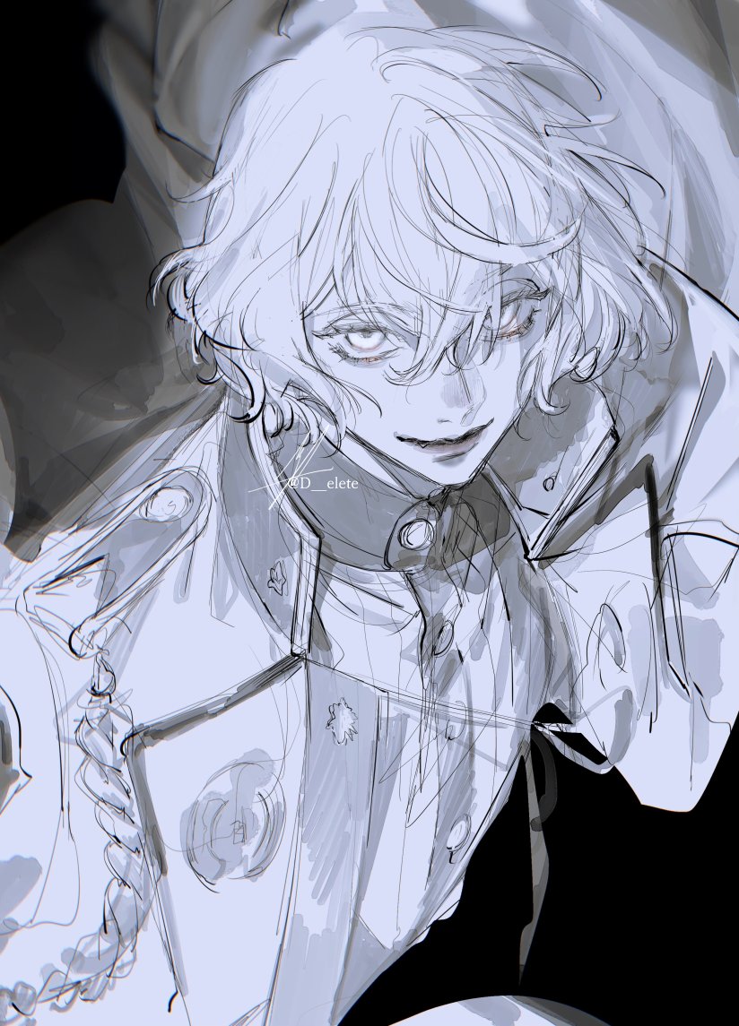 1boy au_(d_elete) black_collar closed_mouth collar collared_jacket collared_shirt from_above greyscale hair_between_eyes higekiri_(touken_ranbu) jacket light_smile looking_at_viewer male_focus medium_hair monochrome open_clothes open_jacket sanpaku shirt simple_background solo touken_ranbu twitter_username upper_body