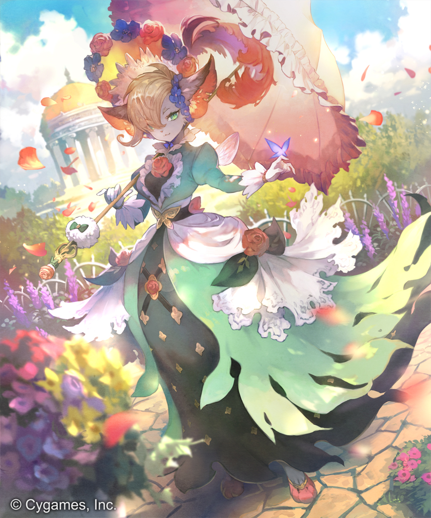 1girl animal_ear_fluff animal_ears black_dress blonde_hair blue_flower blue_sky breasts bug building bush butterfly cosmos_fang_(shadowverse) dress falling_petals flower frilled_dress frills full_body furry garden green_dress green_eyes hair_ornament hair_over_one_eye head_wreath holding holding_umbrella large_breasts long_dress long_sleeves looking_ahead mikebosi official_art outdoors parasol petals pillar pink_umbrella puffy_sleeves red_flower shadowverse shadowverse_flame sky solo stone_floor umbrella