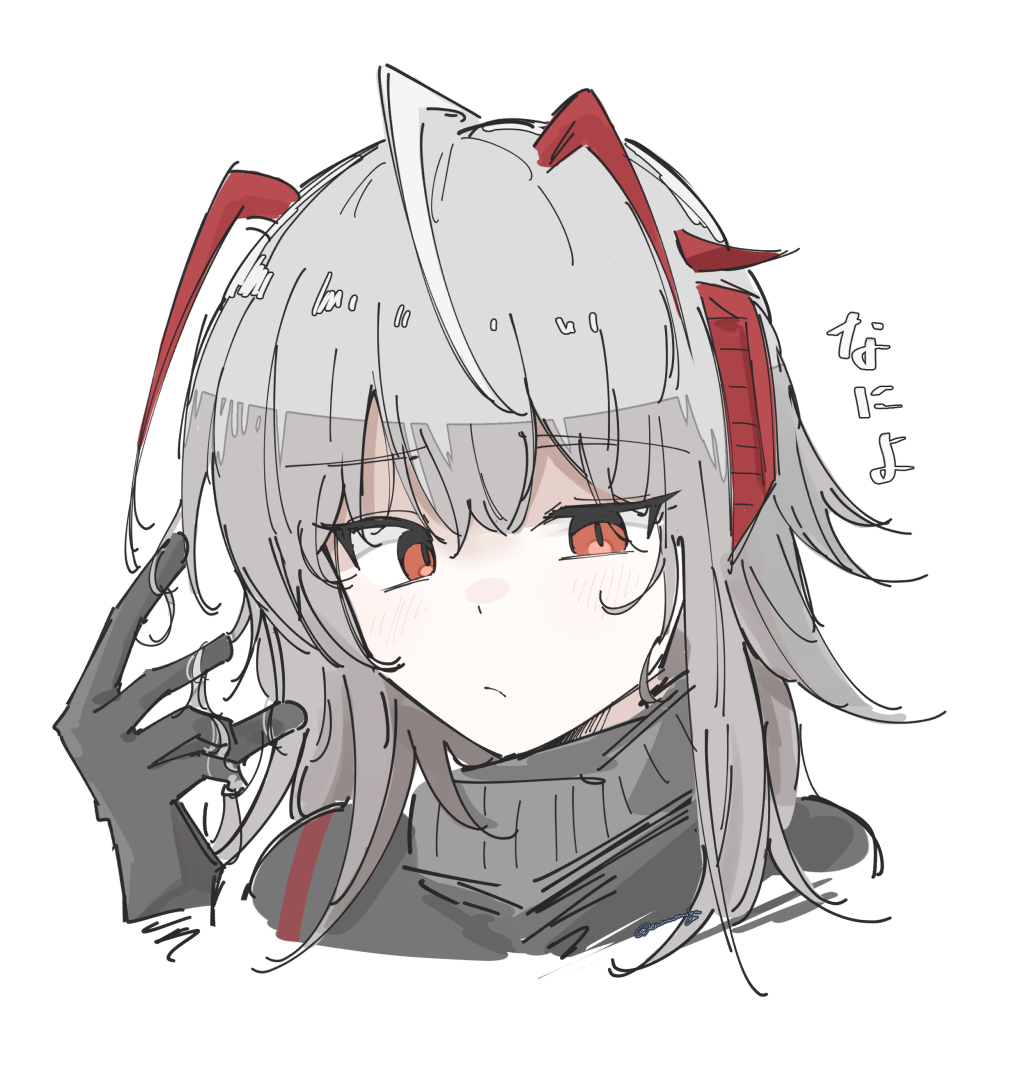 1girl :/ alternate_hairstyle antenna_hair antennae arknights black_gloves black_shirt blush cropped_head demon_horns dot_nose enunomiya gloves grey_hair horns looking_at_viewer medium_hair playing_with_own_hair red_eyes red_horns shirt simple_background slit_pupils solo w_(arknights) white_background