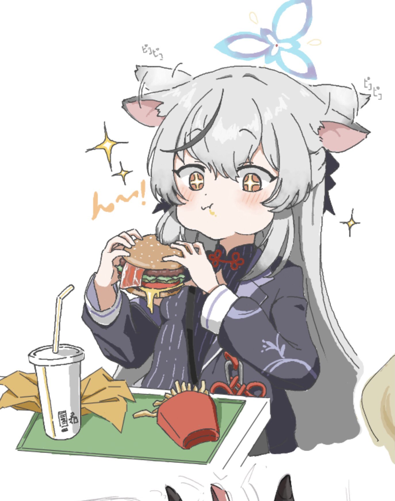 1girl :t animal_ears black_dress black_jacket blue_archive blush burger cheek_bulge chewing cowlick cross-shaped_pupils double-parted_bangs dress drinking_straw ear_wiggle eating food french_fries grey_hair hair_between_eyes halo highres holding holding_food jacket kokona_(blue_archive) long_hair off_shoulder sparkling_aura striped_clothes striped_dress symbol-shaped_pupils tiger_ears uni_gyoza vertical-striped_clothes vertical-striped_dress white_background yellow_eyes