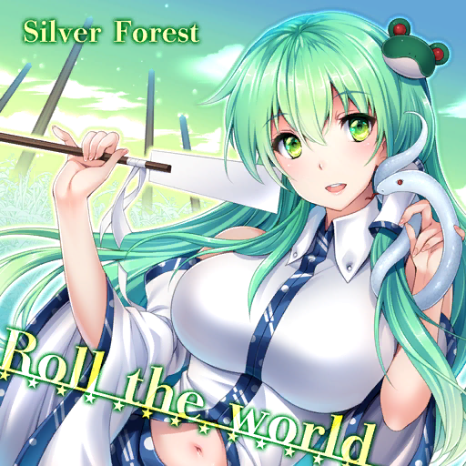 1girl album_cover blue_trim breasts circle_name cloud collared_shirt cover detached_sleeves english_text frog_hair_ornament game_cg gohei green_eyes green_hair green_sky hair_ornament hand_in_own_hair holding holding_gohei kochiya_sanae large_breasts long_hair midriff official_art petting pillar rakujin shirt silver_forest single_hair_tube single_sidelock sleeveless sleeveless_shirt smile snake snake_hair_ornament solo teeth touhou touhou_cannonball white_shirt white_sleeves