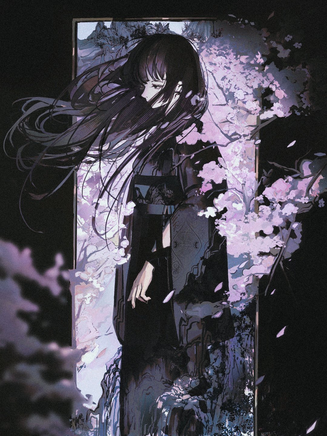 1girl arms_at_sides black_eyes black_hair black_kimono blurry blurry_foreground character_request cherry_blossoms copyright_request cowboy_shot dark falling_petals feet_out_of_frame floating_hair from_side highres japanese_clothes john_kafka kimono long_hair long_sleeves looking_ahead obi petals profile sash sidelocks solo standing wide_sleeves wind