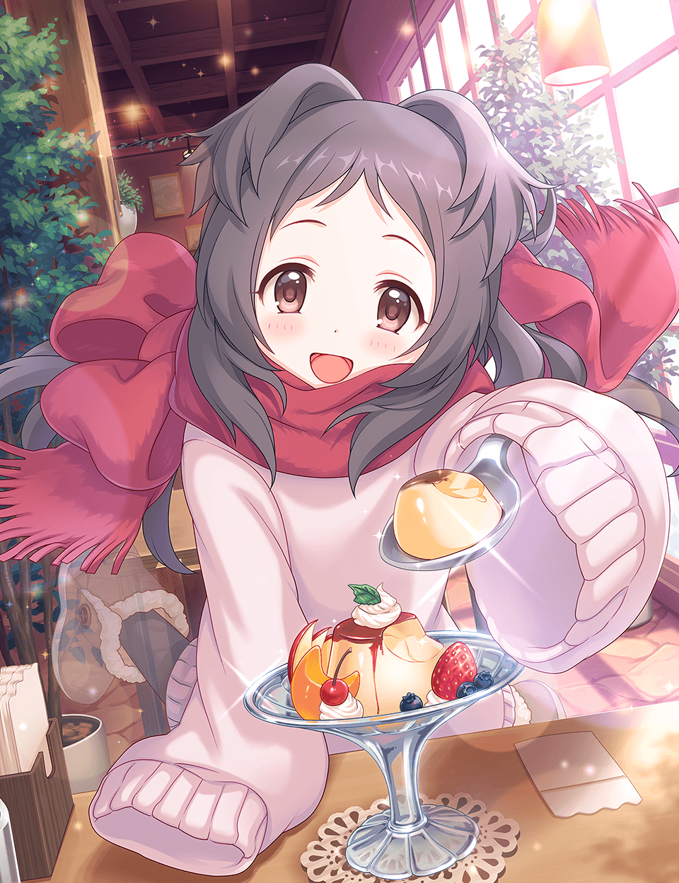 1girl blush boots brown_eyes brown_hair cygames feeding food fruit ghost highres izumo_miyako leg_up lens_flare long_hair looking_at_viewer official_art open_mouth plant pov princess_connect! pudding scarf sleeves_past_wrists solo sparkle spoon table thighhighs transparent window