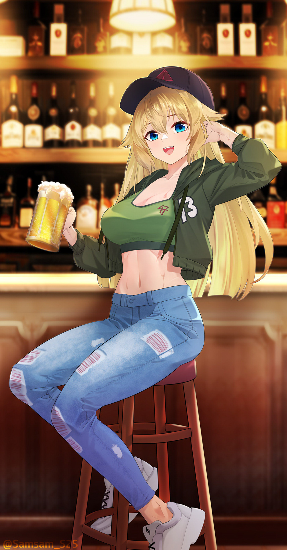 1girl ak-47_(girls'_frontline) alcohol bar_(place) baseball_cap beer blonde_hair blue_eyes bottle breasts cleavage crop_top cropped_jacket cup denim full_body girls'_frontline green_jacket hat highres holding holding_cup hood hooded_jacket jacket jeans long_hair looking_at_viewer midriff navel open_mouth pants samsam_s2s shoes sitting smile sneakers solo teeth torn_clothes torn_jeans torn_pants twitter_username upper_teeth_only white_footwear