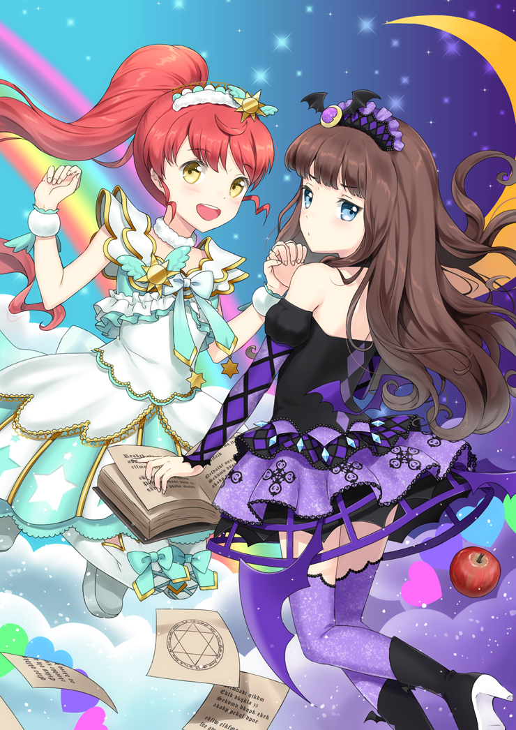 2girls :d apple bare_shoulders black_dress black_footwear blue_eyes blush book boots brown_hair crescent detached_sleeves dress food fruit grimoire hand_up hands_up high_heels holding_hands idol_clothes kurosu_aroma long_hair looking_at_viewer multiple_girls open_book open_mouth paper pentagram ponytail pretty_series pripara purple_thighhighs rainbow red_apple red_hair shiratama_mikan smile sun thighhighs unya_(unya-unya) white_dress wrist_cuffs yellow_eyes
