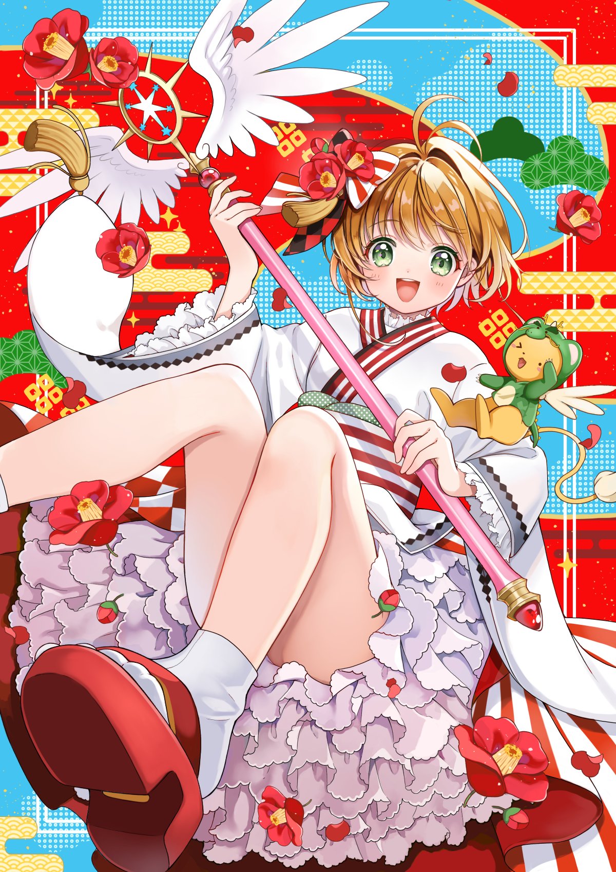 1girl antenna_hair ass blush brown_hair cardcaptor_sakura green_eyes hair_ornament highres holding japanese_clothes kero_(cardcaptor_sakura) kimono kinomoto_sakura looking_at_viewer magical_girl momo-tako open_mouth red_footwear shoes short_hair smile tassel wand white_kimono wings