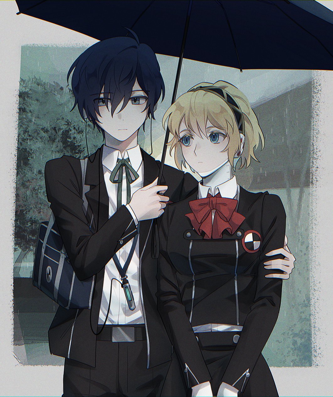 1boy 1girl aegis_(persona) android bag belt belt_buckle black_belt black_hairband black_jacket black_pants black_skirt blonde_hair blue_bag blue_hair bow bowtie buckle closed_mouth collared_shirt commentary_request elulit2 gekkoukan_high_school_uniform green_ribbon hair_between_eyes hairband highres holding holding_bag holding_umbrella jacket korean_commentary long_sleeves looking_at_another neck_ribbon open_clothes open_jacket pants persona persona_3 rain red_bow red_bowtie ribbon robot_ears school_bag school_uniform shared_umbrella shirt short_hair skirt umbrella white_shirt yuuki_makoto_(persona_3)