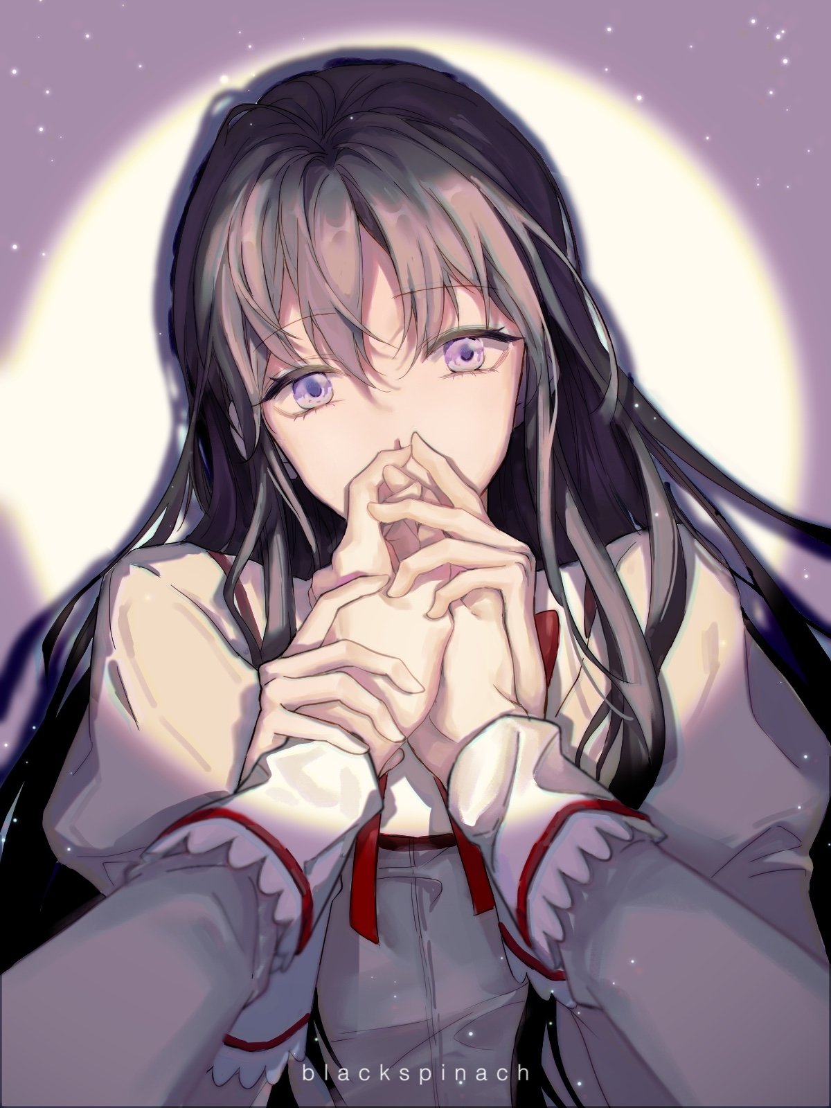 1girl akemi_homura artist_name black_hair blackspanich commentary covered_mouth highres holding_hands jacket juliet_sleeves long_hair long_sleeves looking_at_viewer mahou_shoujo_madoka_magica mahou_shoujo_madoka_magica_(anime) mitakihara_school_uniform out_of_frame pov pov_hands puffy_sleeves purple_eyes school_uniform searchlight simple_background solo_focus upper_body white_background white_jacket