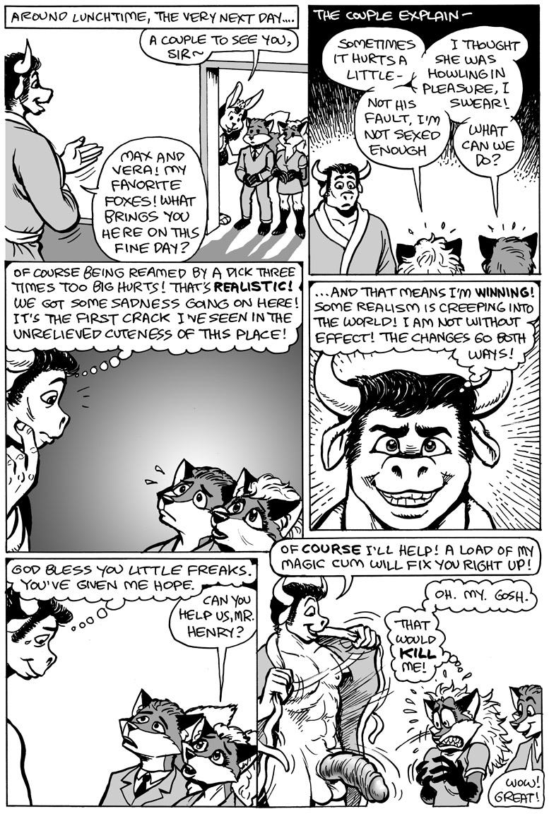 anthro balls big_penis black_hair bovine canine clothed clothing comic english_text fox hair karno lagomorph male mammal muscular muscular_male open_mouth penis rabbit speech_bubble teeth text thought_bubble undressing