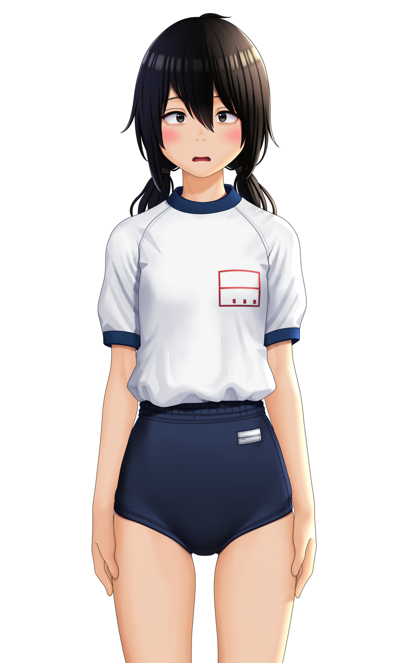 1girl arms_at_sides black_eyes black_hair blue_buruma blush buruma cowboy_shot gym_uniform hair_between_eyes highres looking_at_viewer low_twintails maburu_(lojyq1eur3e8bit) open_mouth original shirt shirt_tucked_in short_sleeves simple_background solo thighs twintails white_background white_shirt