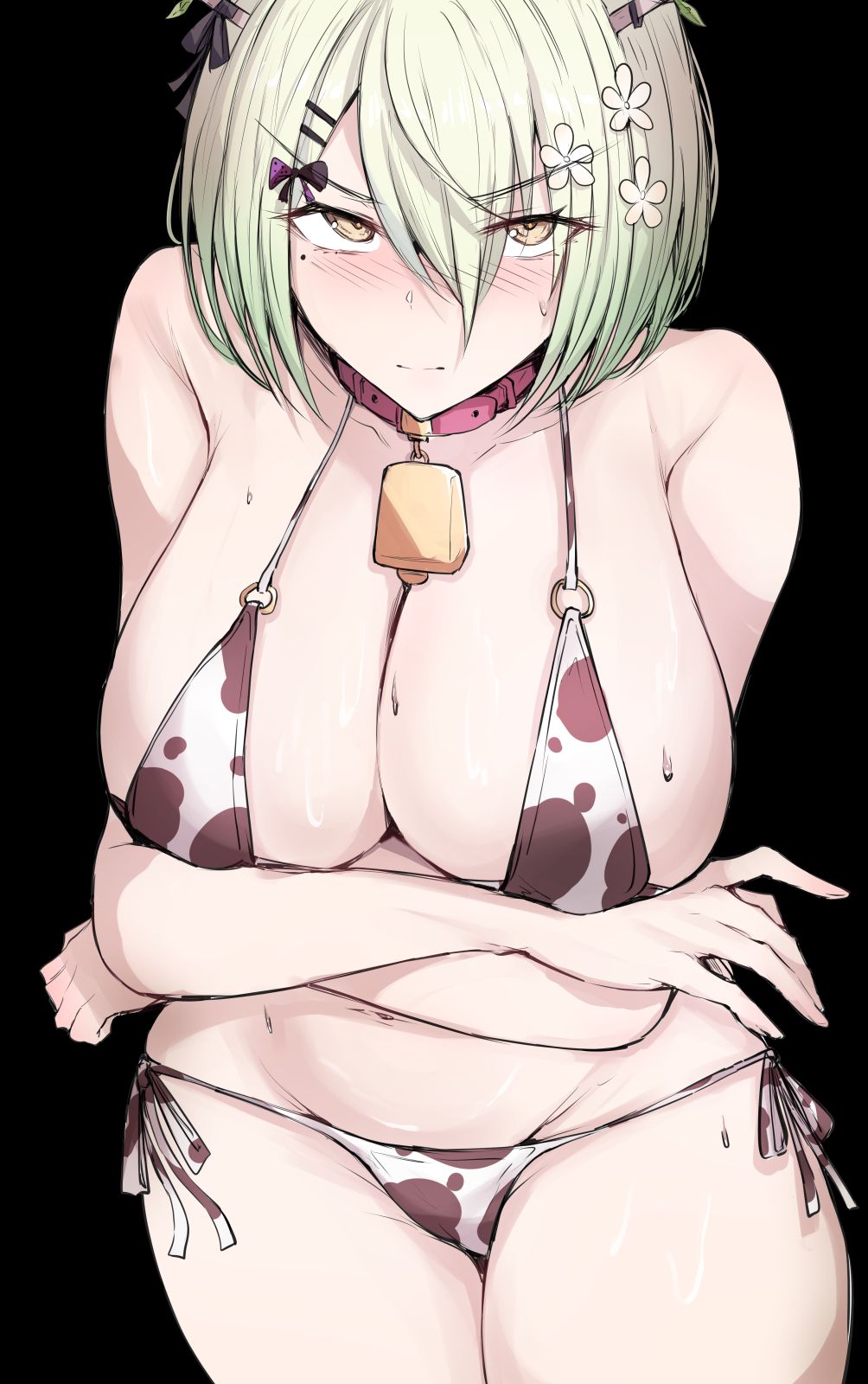 1girl animal_print bell bikini black_background blush breasts ceres_fauna cleavage collar cow_print cow_print_bikini cowbell flower green_hair hair_flower hair_ornament hairpin highres hololive hololive_english large_breasts looking_at_viewer mole mole_under_eye print_bikini red_collar sak1_01 short_hair side-tie_bikini_bottom solo swimsuit virtual_youtuber white_bikini yellow_eyes