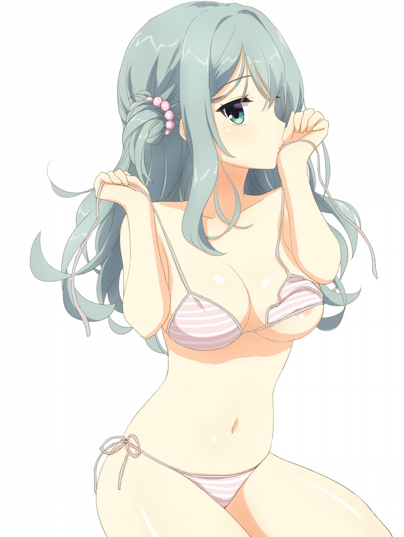 1girl alternate_costume aqua_eyes aqua_hair areola_slip bare_arms beads bikini blush breasts cleavage collarbone commentary cowboy_shot crossed_bangs curvy hair_beads hair_between_eyes hair_ornament hands_up holding holding_clothes holding_swimsuit komatsu_(sakanae) large_breasts long_hair looking_at_viewer navel one_side_up profile riddle_joker shikibe_mayu shiny_skin side-tie_bikini_bottom sideways_glance simple_background solo striped_bikini striped_clothes swimsuit wavy_hair white_background