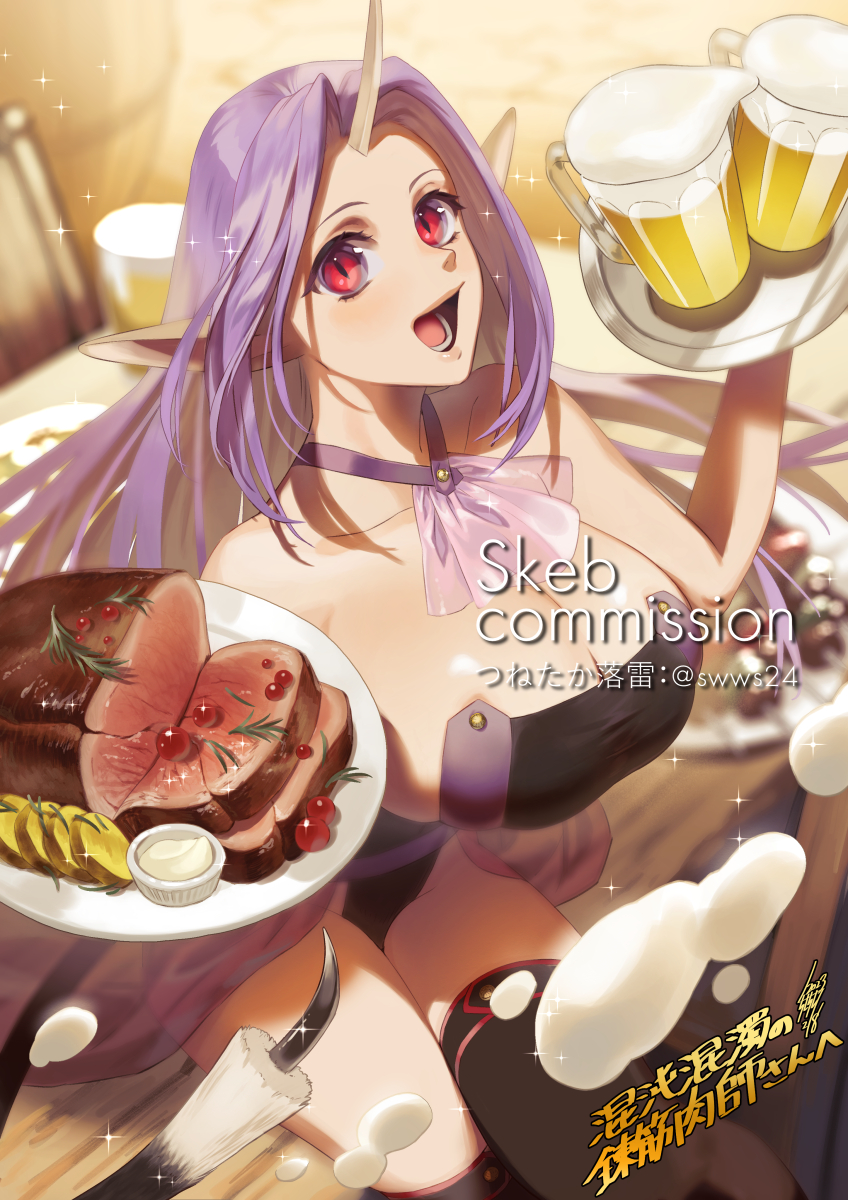 1girl :d alcohol beer black_thighhighs blurry blurry_background breasts commission food highres holding holding_plate horns huge_breasts indoors large_breasts meat plate pointy_ears red_eyes single_horn sitting sitting_on_table skeb_commission slit_pupils smile standing table tail tavern thighhighs tsunetaka_rakurai watermark