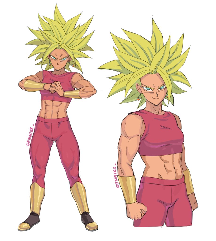 1girl abs crop_top dragon_ball dragon_ball_super earrings jenxd_d jewelry kefla_(dragon_ball) muscular muscular_female potara_earrings purple_tank_top saiyan smile solo spiked_hair super_saiyan tank_top