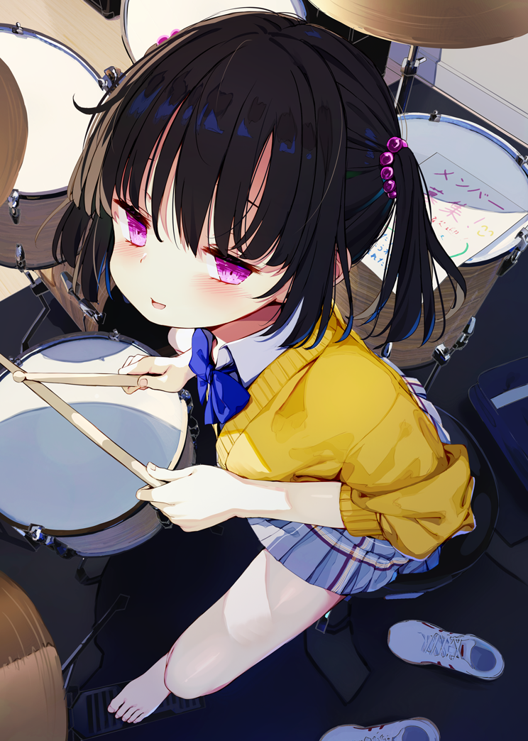 1girl bare_legs barefoot black_hair blue_bow blue_bowtie blue_skirt blush bow bowtie cardigan collared_shirt cymbals drum drum_set drumsticks from_above hair_bobbles hair_ornament holding holding_drumsticks indoors instrument kamizaki_hibana looking_at_viewer miniskirt open_mouth original paper parted_lips pink_eyes plaid plaid_skirt pleated_skirt purple_eyes school_uniform shirt shoes short_hair short_twintails sitting skirt smile sneakers solo sweater toes twintails unworn_shoes white_shirt yellow_cardigan yellow_sweater