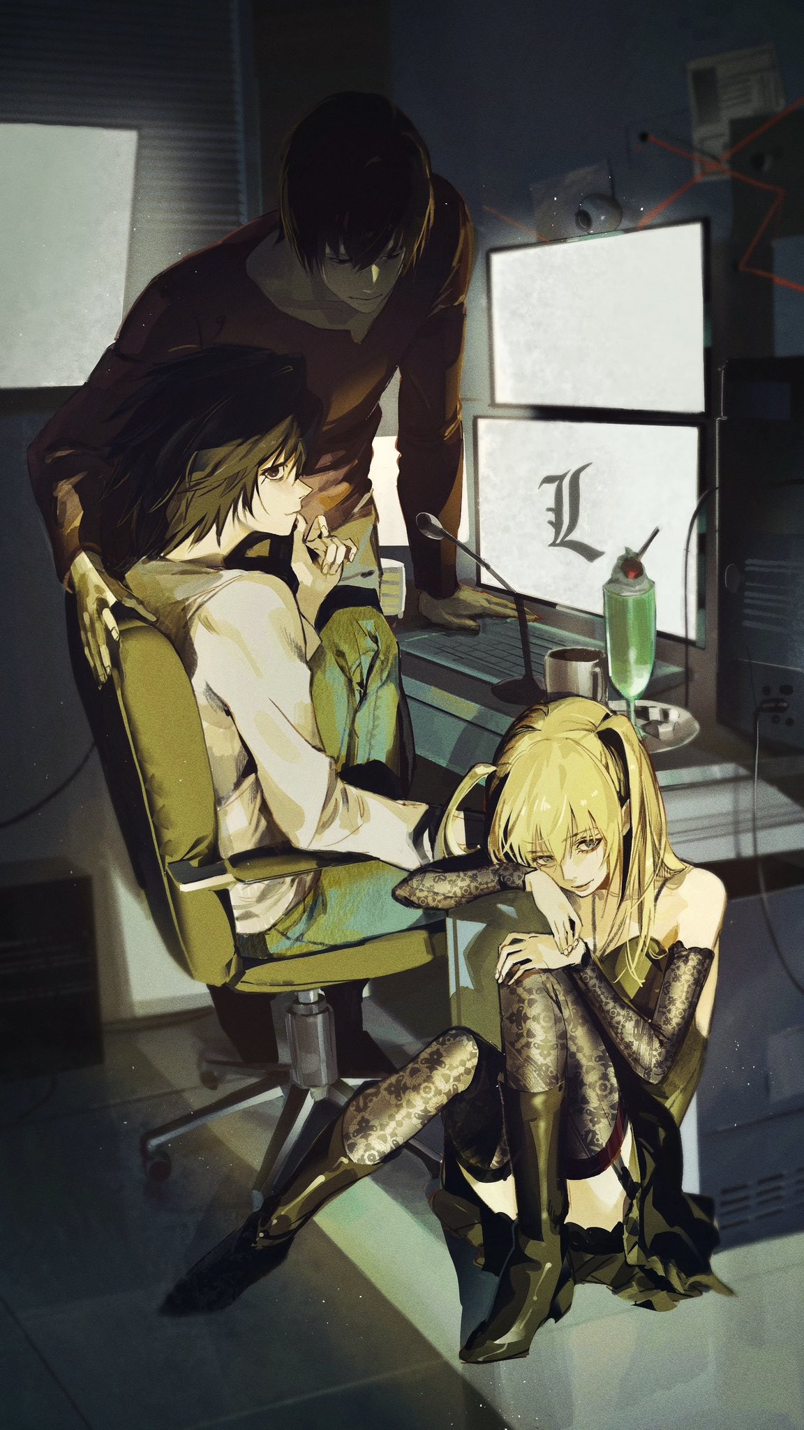 1girl 2boys amane_misa bare_shoulders black_eyes black_hair blonde_hair blue_eyes boots brown_hair chair computer cup death_note denim desk doodoopi4 garter_straps gothic_lolita high_heel_boots high_heels highres indoors jeans jewelry keyboard_(computer) l_(death_note) lace lace_legwear lace_sleeves lace_thighhighs leaning_forward lolita_fashion microphone multiple_boys necklace pants parfait plate short_hair sitting standing two_side_up yagami_light