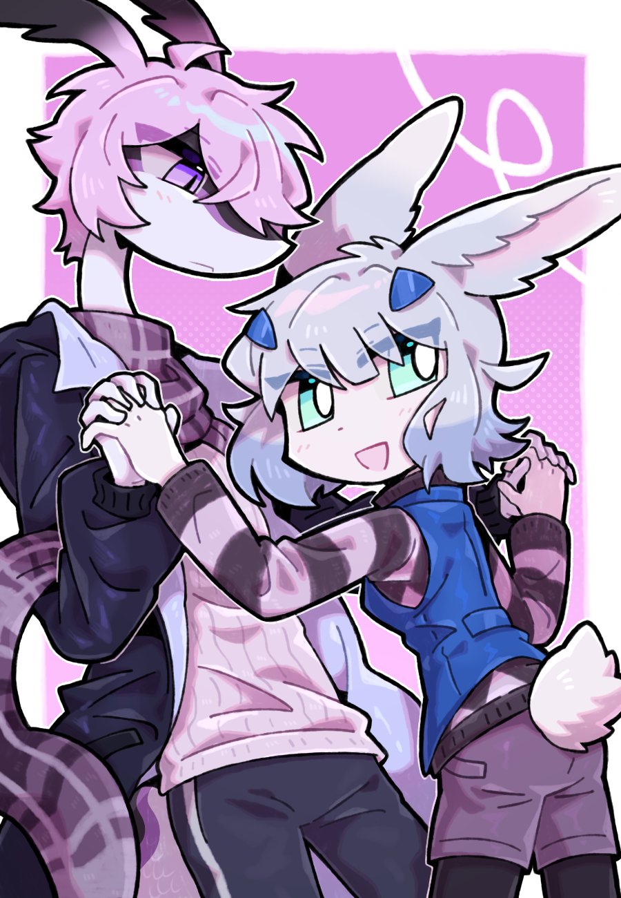 abstract_background ah_xin_(zhang_gun) anthro blue_eyes blue_hair clothed clothing duo hair hand_holding hi_res kemono lagomorph leporid male mammal open_mouth open_smile pink_hair purple_eyes rabbit reptile scalie scarf smile snake xiaohen_(zhang_gun) zhang_gun