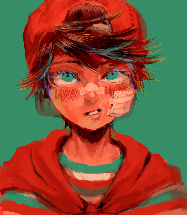 1boy backwards_hat bandage_on_face bandages baseball_cap dirty dirty_face eyelashes green_background green_eyes hat injury male_focus mokorobi mother_(game) mother_1 neckerchief ninten parted_lips red_hat red_neckerchief shirt short_hair simple_background solo striped_clothes striped_shirt