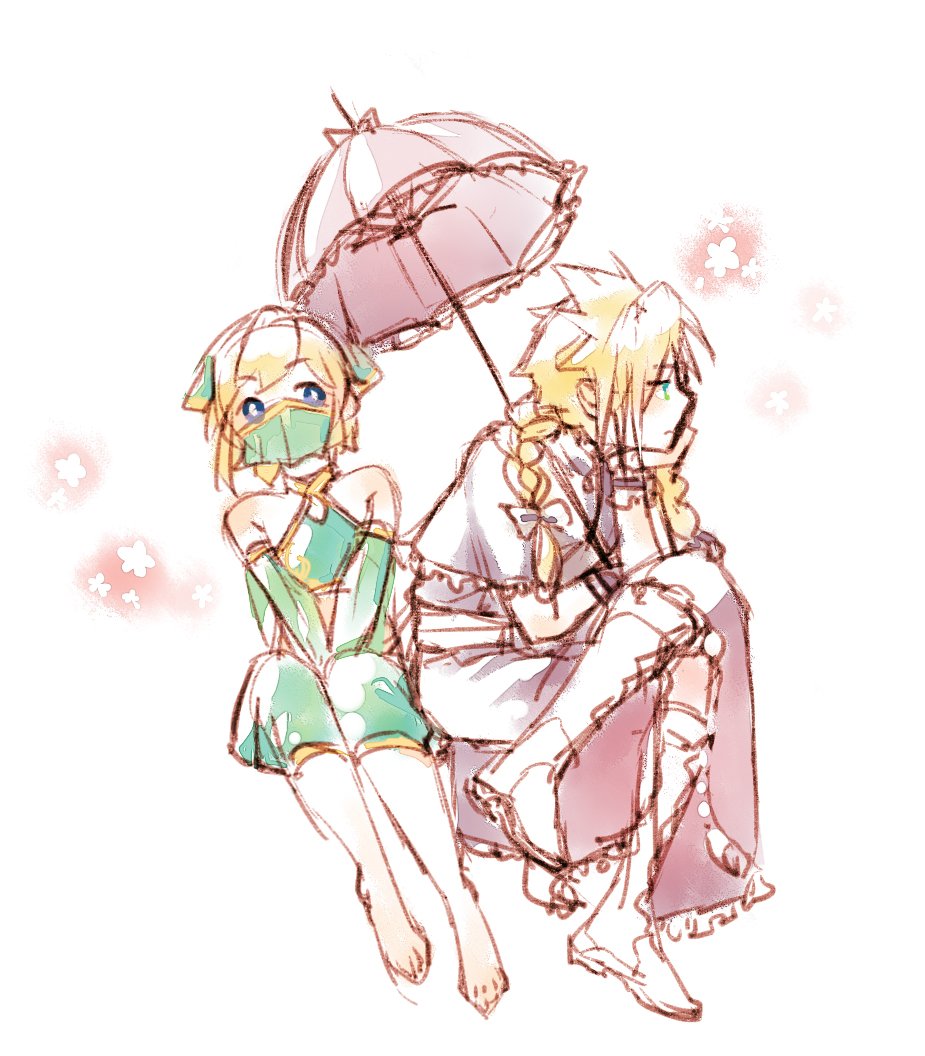 2boys arabian_clothes bare_shoulders barefoot blonde_hair blue_eyes boots braid bright_pupils cloud_strife commentary crossdressing crossed_legs crossover detached_sleeves dress elbow_rest fermium.ice final_fantasy final_fantasy_vii flower frilled_dress frills full_body hand_on_own_chin hands_on_lap holding holding_umbrella invisible_chair knee_boots leaning_forward leaning_to_the_side link long_hair looking_to_the_side male_focus mouth_veil multiple_boys official_alternate_costume parasol puffy_pants purple_dress short_hair sitting sketch spiked_hair super_smash_bros. symbol-only_commentary the_legend_of_zelda the_legend_of_zelda:_breath_of_the_wild twin_braids umbrella veil white_background white_footwear wrist_cuffs