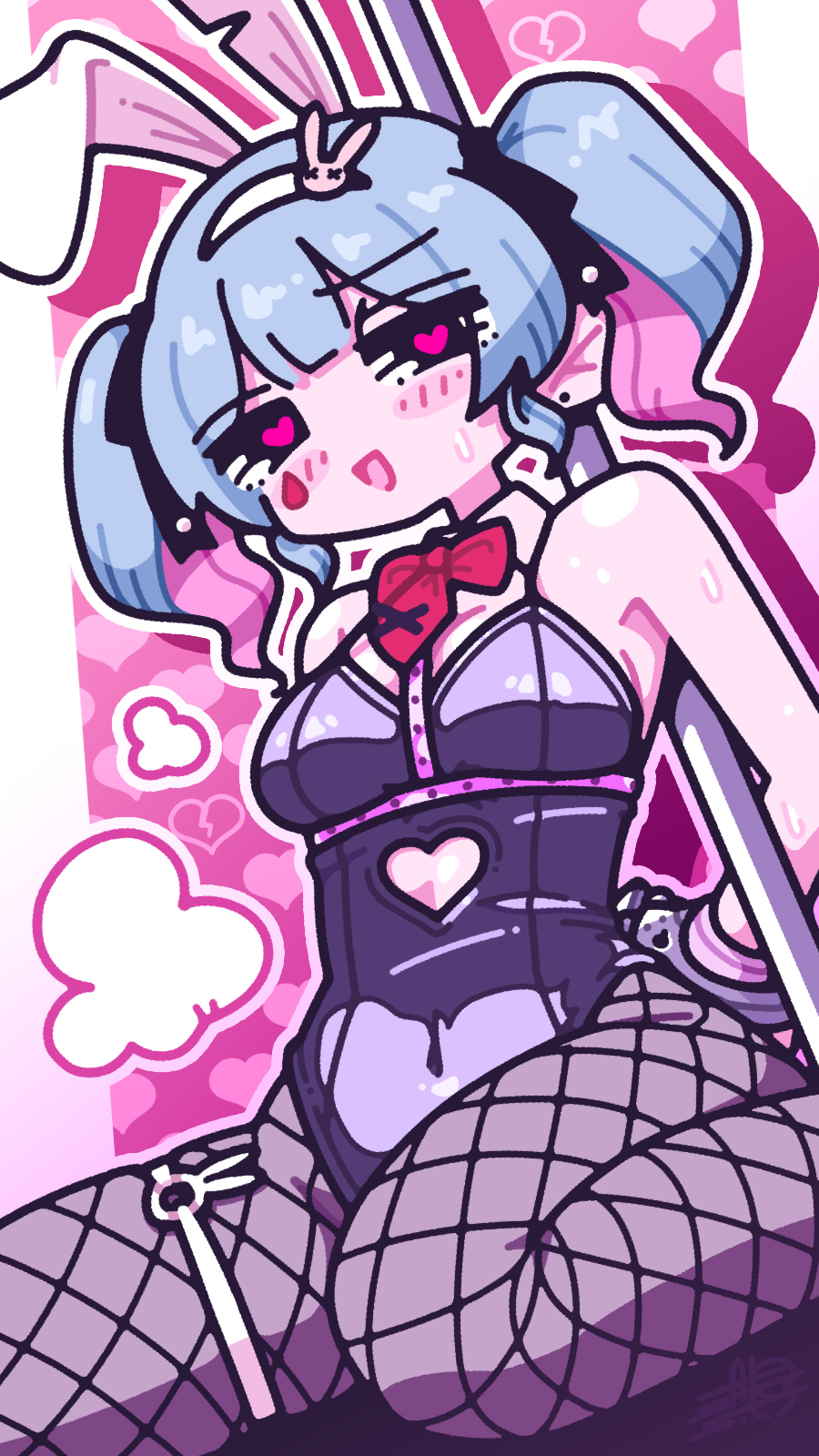 1girl animal_ears black_leotard black_ribbon blue_hair bow bowtie clothing_cutout covered_navel cuffs detached_collar fishnet_pantyhose fishnets hair_ornament hair_ribbon handcuffs hatsune_miku heart heart-shaped_pupils highres leotard looking_at_viewer multicolored_hair o-ring_garter_belt open_mouth pantyhose pink_background pink_hair pole rabbit_ears rabbit_hair_ornament rabbit_hole_(vocaloid) red_bow red_bowtie ribbon satosio sitting solo stomach_cutout stripper_pole symbol-shaped_pupils twintails two-tone_hair vocaloid