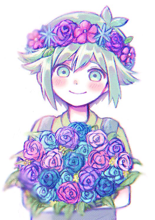 1boy basil_(headspace)_(omori) basil_(omori) blue_overalls blush bouquet closed_mouth colored_skin flower green_eyes green_hair green_shirt head_wreath holding holding_bouquet looking_at_viewer omori overalls salt_xs2 shirt short_hair short_sleeves smile solo white_skin