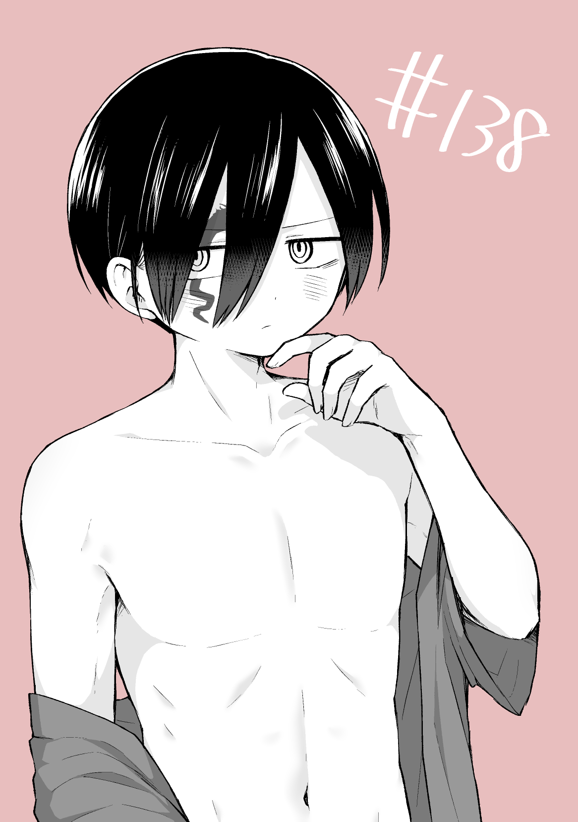 1boy boku_no_kokoro_no_yabai_yatsu chapter_number closed_mouth collarbone facial_tattoo highres ichikawa_kyoutarou looking_to_the_side male_focus navel no_nipples off_shoulder partially_colored pink_background short_hair simple_background solo tattoo upper_body zeroasann